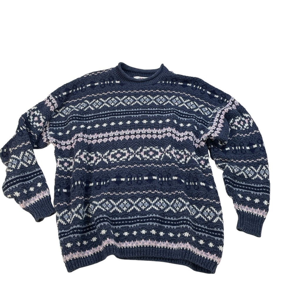 American Portrait Fair Isle Sweater Womens XL Blue Nordic Cotton Knit Pullover
